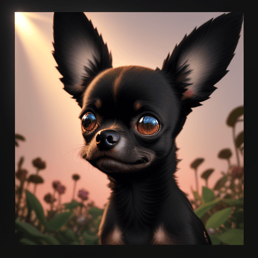 AI generated: Black Chihuahua with brown in 3D shape. Foliage and flowers incorporated in pastel tones. Lumen. Sun...
