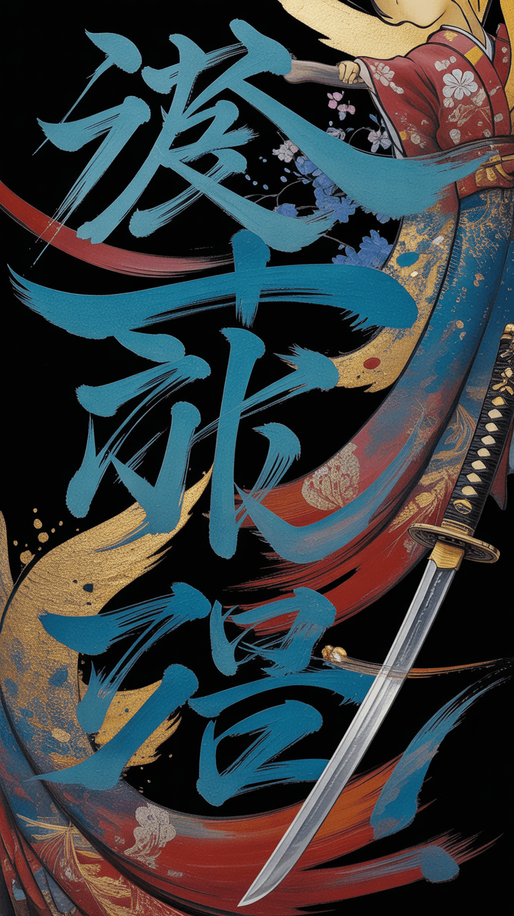AI generated: Inktype japanese letters,kimonos,katanas,traditional elementi in vibrant colors Blended splatters on...
