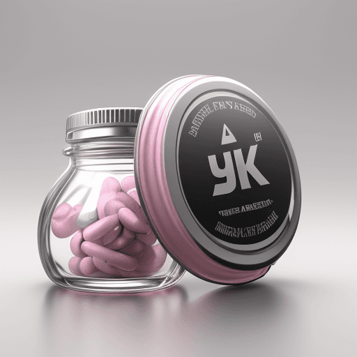 AI generated: ultra-realistic bottle full to the top of pink pills, with a white and silver label, black lid, ther...