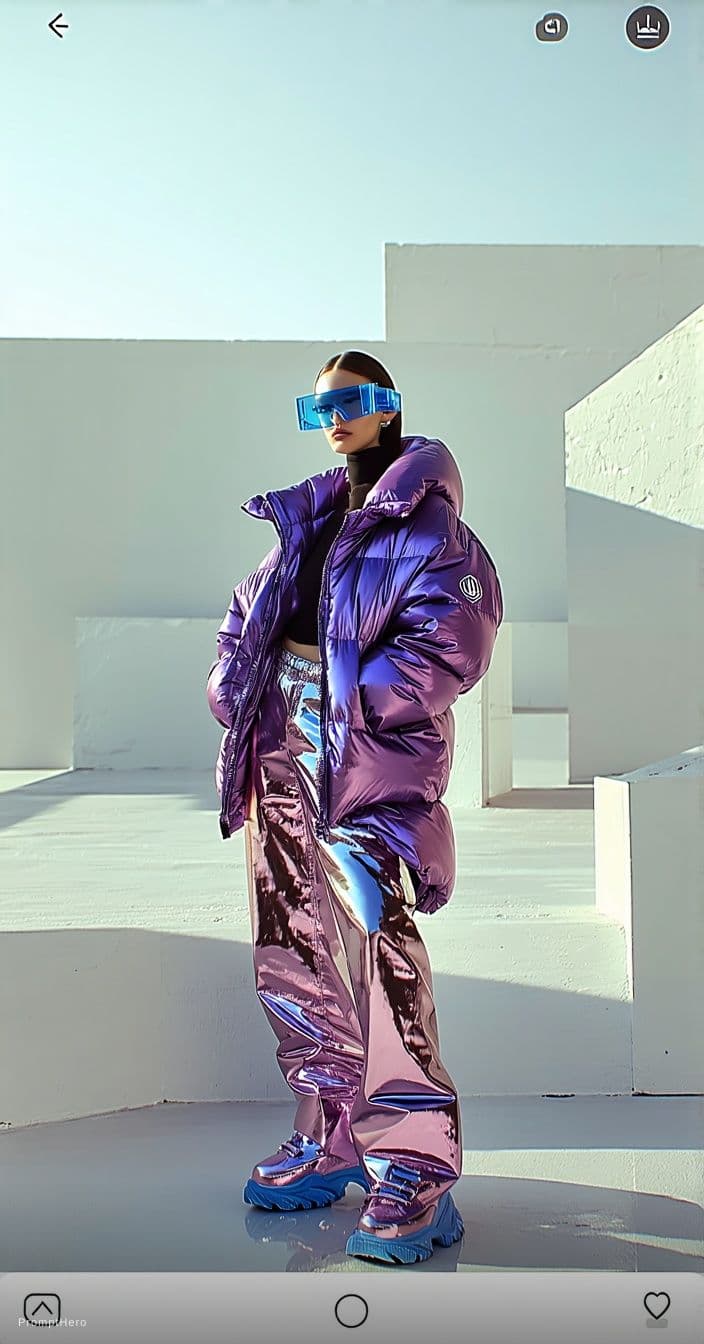 AI generated: Fashion shoot, Jacquemus and Moncler collaboration: dark blue translucent futuristic sunglasses, hyp...