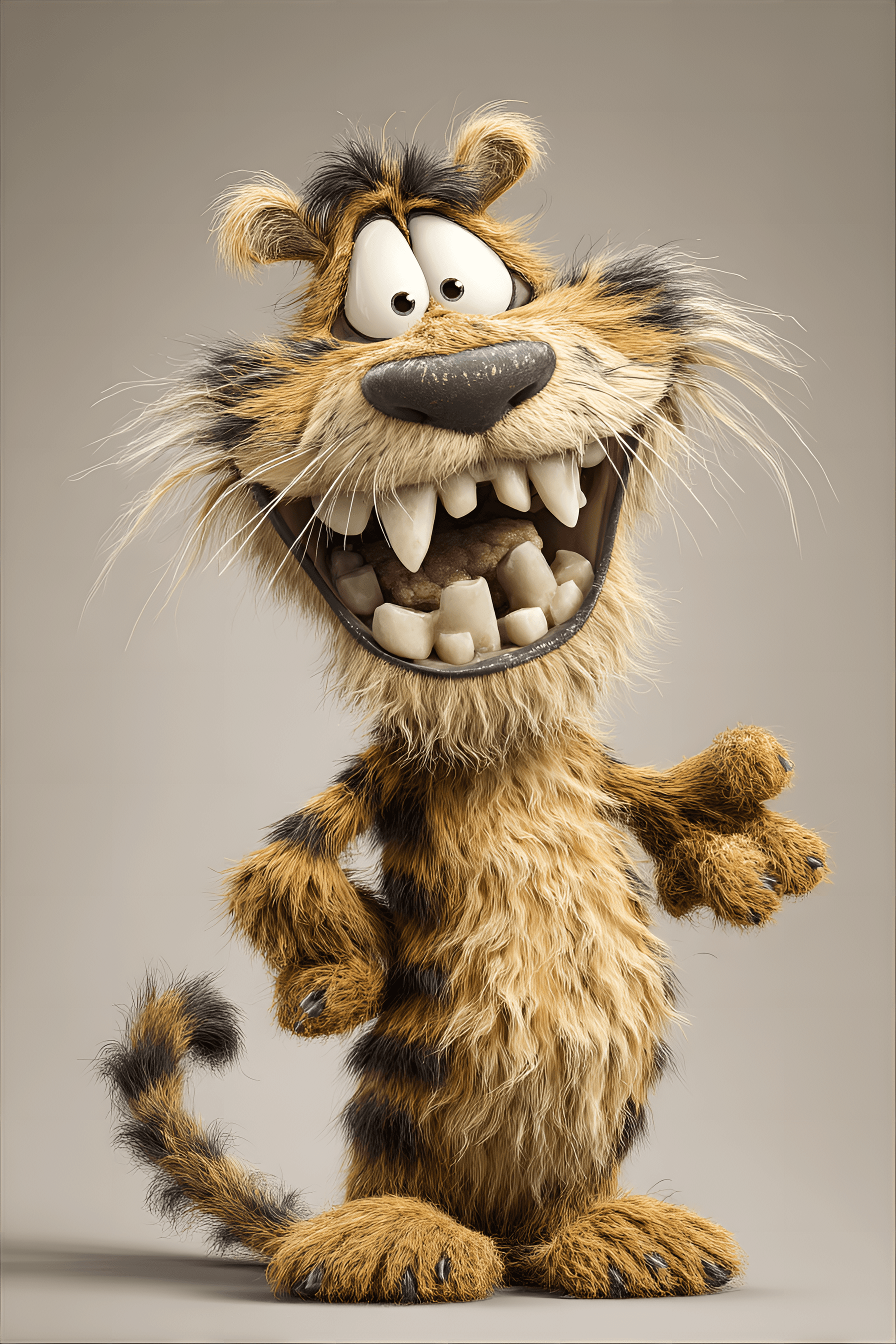 AI generated: funny caricature, comical tiger character, male, unspecified ethnicity, 35 years old, wild-eyed, too...
