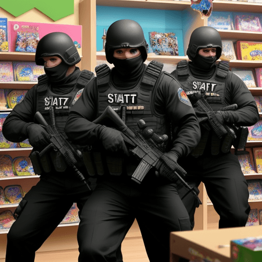 AI generated: a swat gang storms a toy store