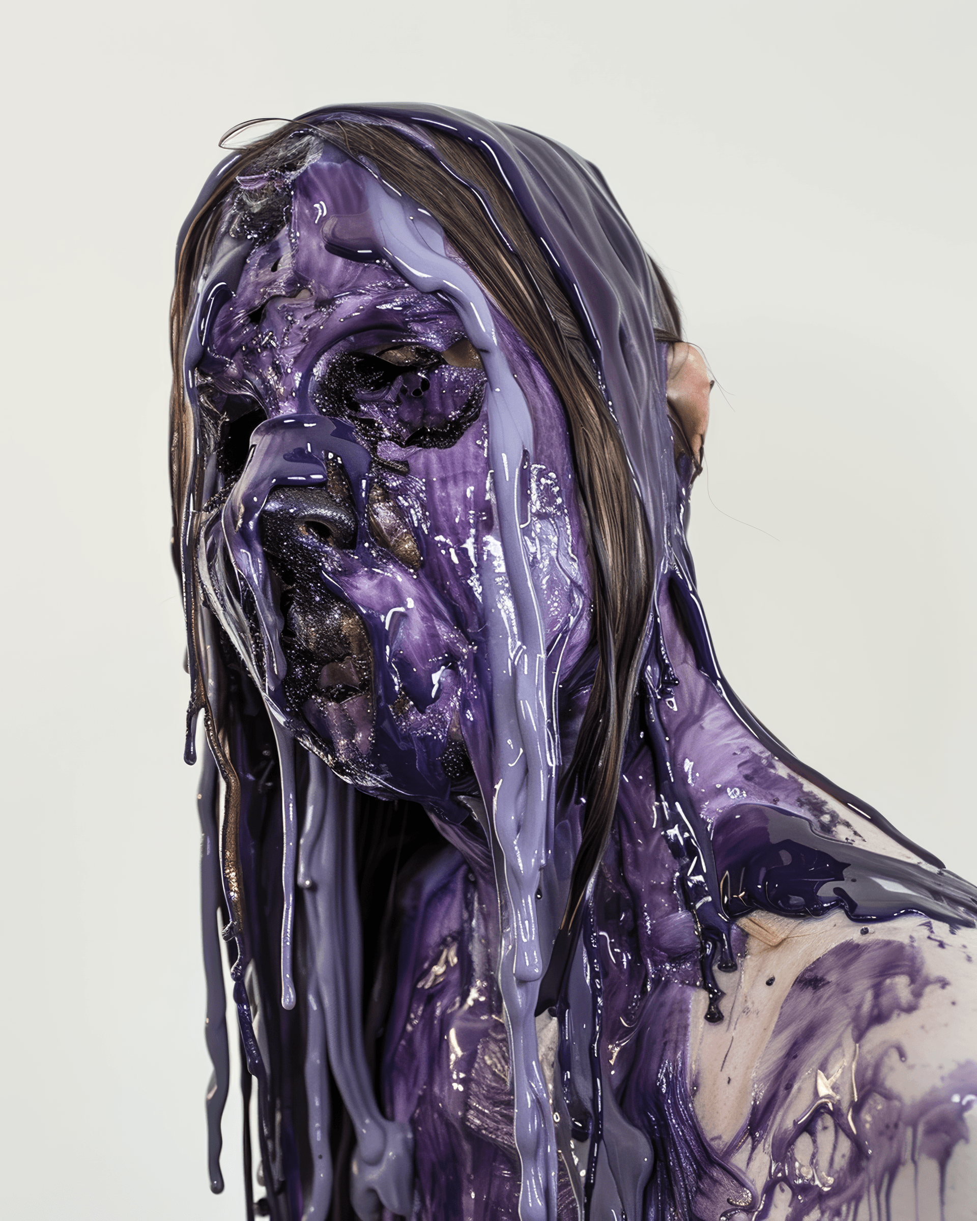 AI generated: The disfigured body of a woman with skin made out in the style of dark blue and purple hues, her hea...