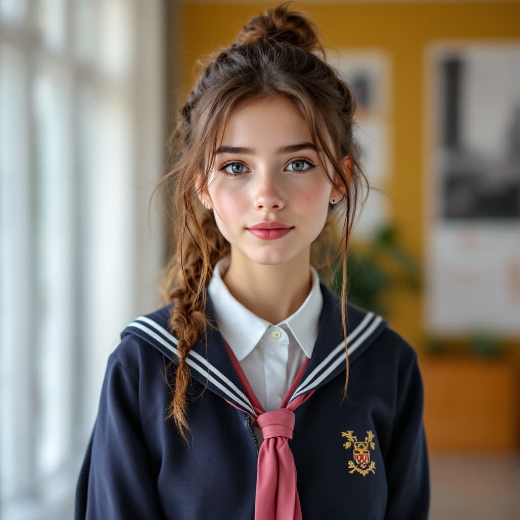 AI generated: A cute Norwegian Teen(17)  in high school wearing a school uniform. Realistic photograph,Real photog...