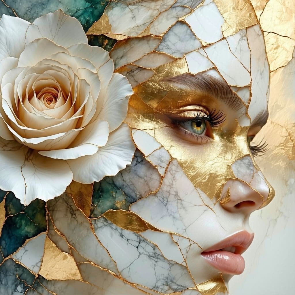 AI generated: Ultra detailed artistic abstract photography of woman's face (geometrical), golden, white roses, det...