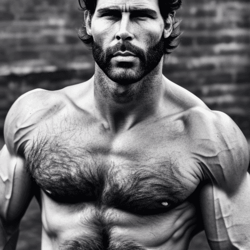 AI generated: 4:5 long shot wide angle photo of a rugged dark stubbled face Italian John Doe macho trucker extreme...