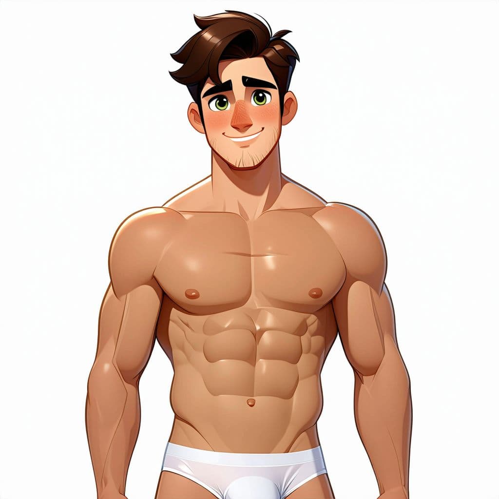 AI generated: 24 years old cute guy, dark hair, green eyes, very beautiful, realistic like a human, sportive body,...