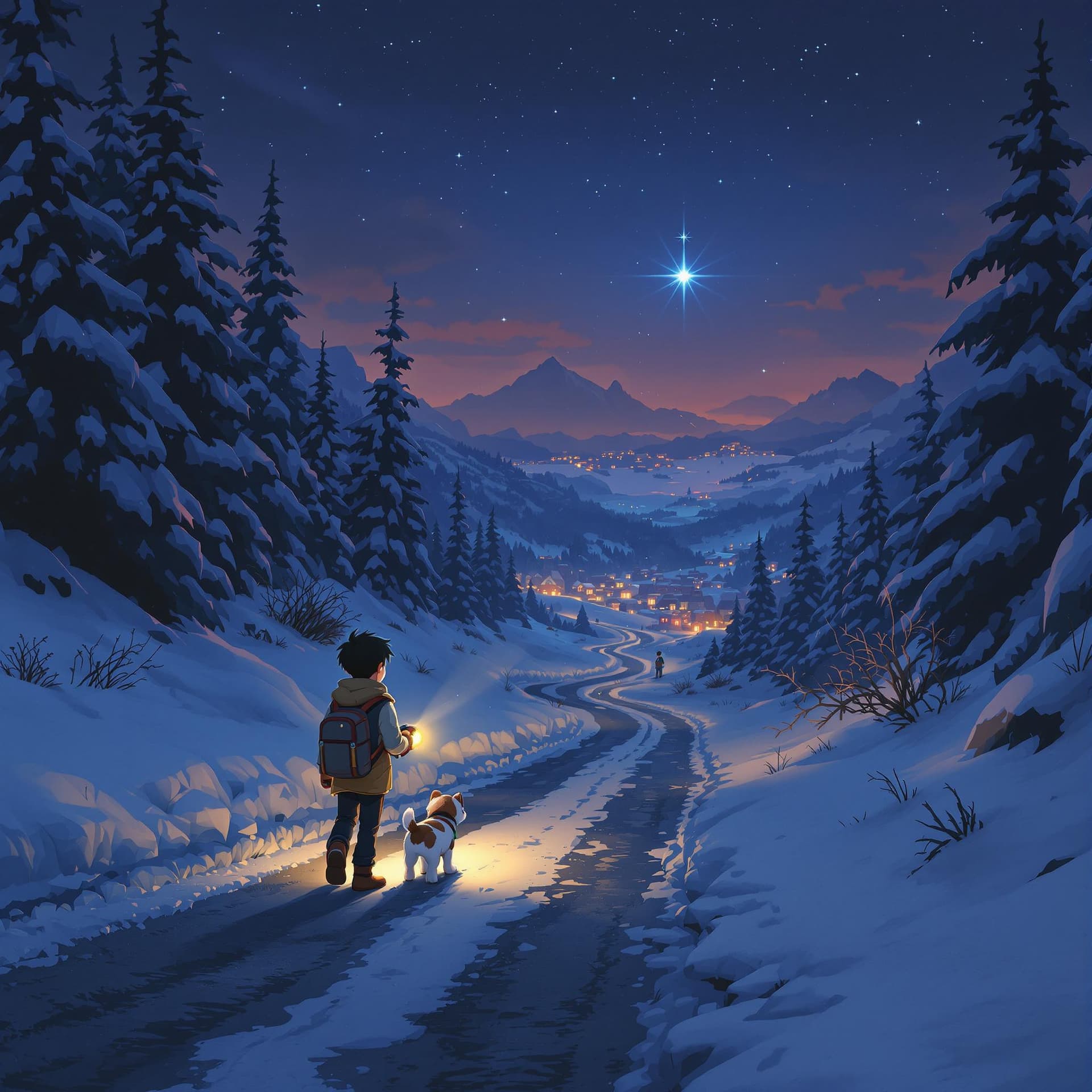 AI generated: Studio Ghibli style medium shot of a young boy named "Dominick", with a flashlight and his faithful ...