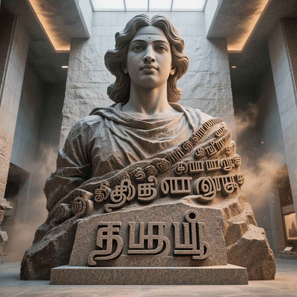 AI generated: Monumental 20-foot sculptural installation representing the Tamil language as youthful and evolving,...
