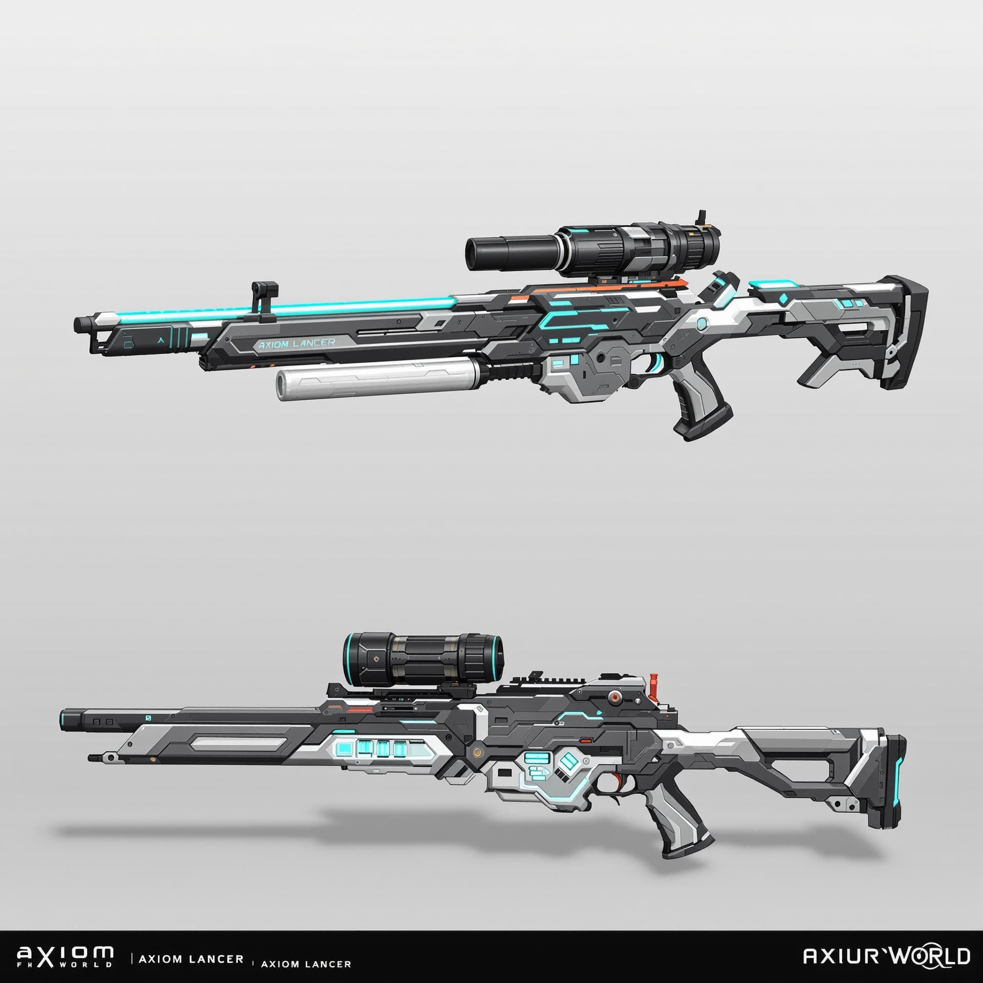 AI generated: Create a fictional alien space weapon for Our’World. Render Axiom Lancer rifle: long, broad chassis ...