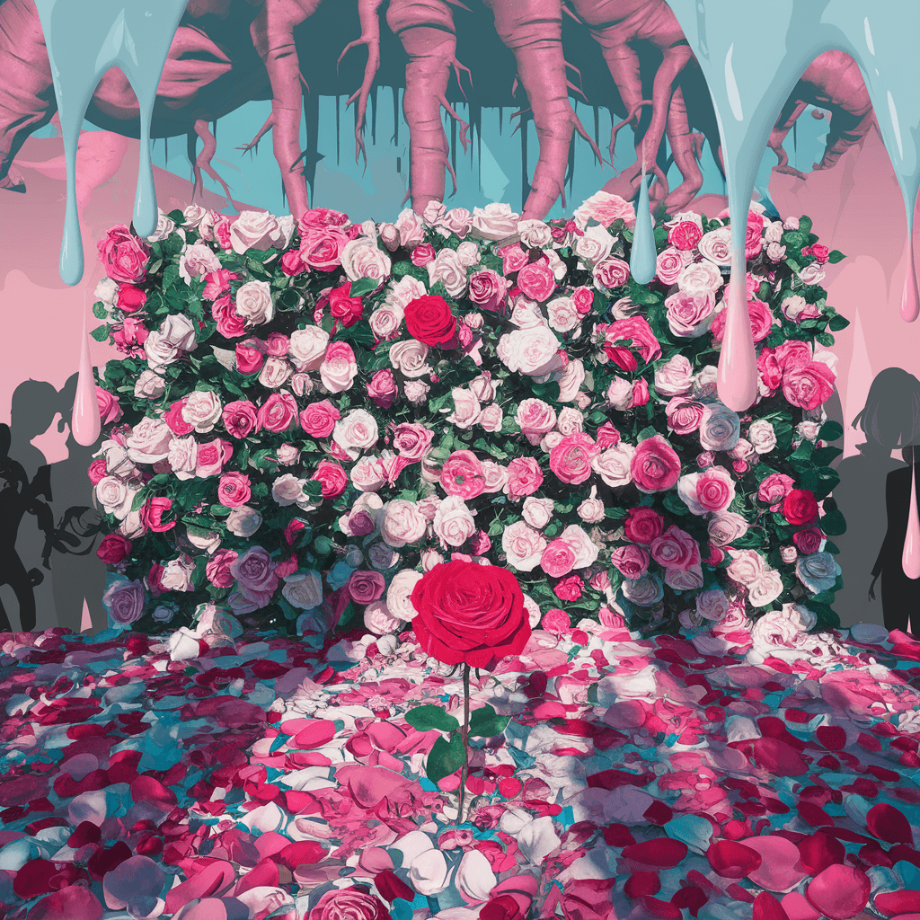 AI generated: A red rose shines in front of an immense rose bush that creates a surreal wall of more various color...