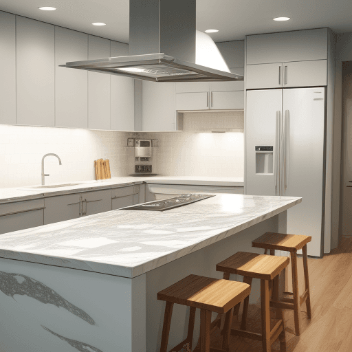 AI generated: realistic eye level exterior photo of a modern style kitchen counter top white granite top, large wo...