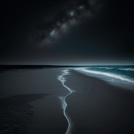 AI generated: The starry sky shines on the beach, with dark gray sand and shallow water in front of it. The Milky ...
