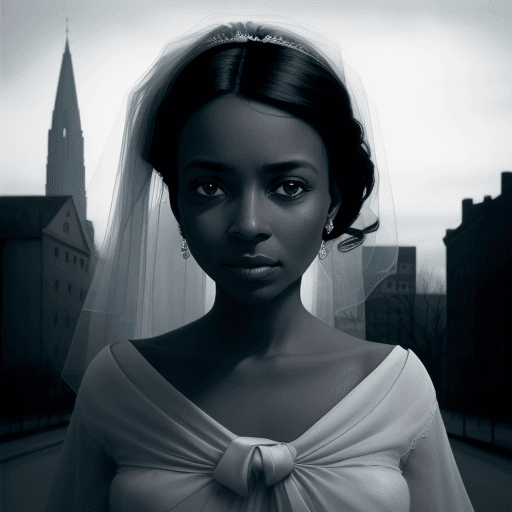 AI generated: the bride in the field is dressed for the camera, in the style of Gordon Parks, cityscapes, light na...