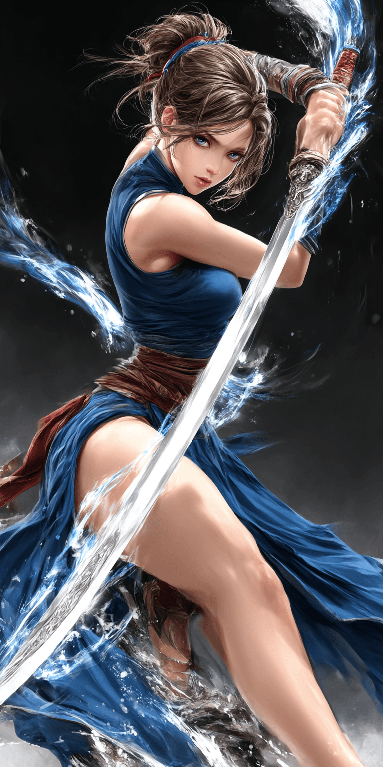 AI generated: A fierce warrior woman stands in a dynamic pose, wielding a gleaming sword with a hint of water swir...