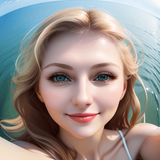 AI generated: Beautiful russian woman, smiling, perfect body, top-down view, high camera angle, looking up into th...