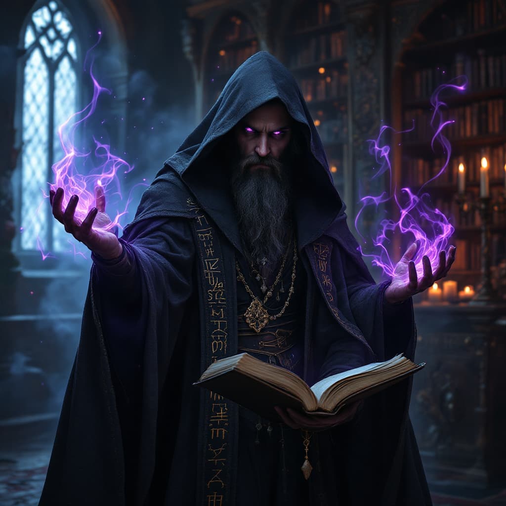AI generated: mysterious mage character, enchanted private chamber setting, elegant dark robes with magical runes,...