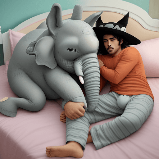 AI generated: gato en pijama durmiendo sobre un elefante con sombrero y al costado un zorro mexicano  




