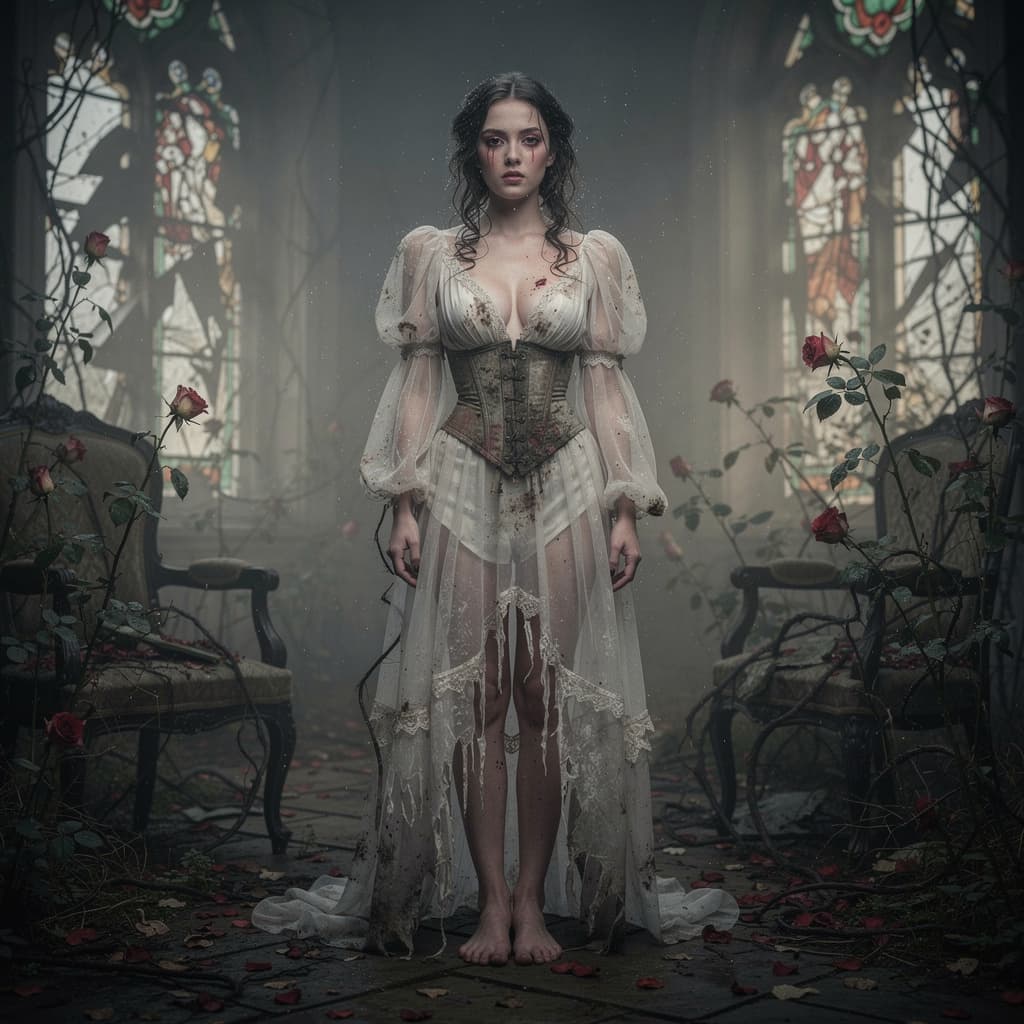AI generated: Gothic horror romantic fashion for young women, translucent white dress tinged with dust and earth, ...