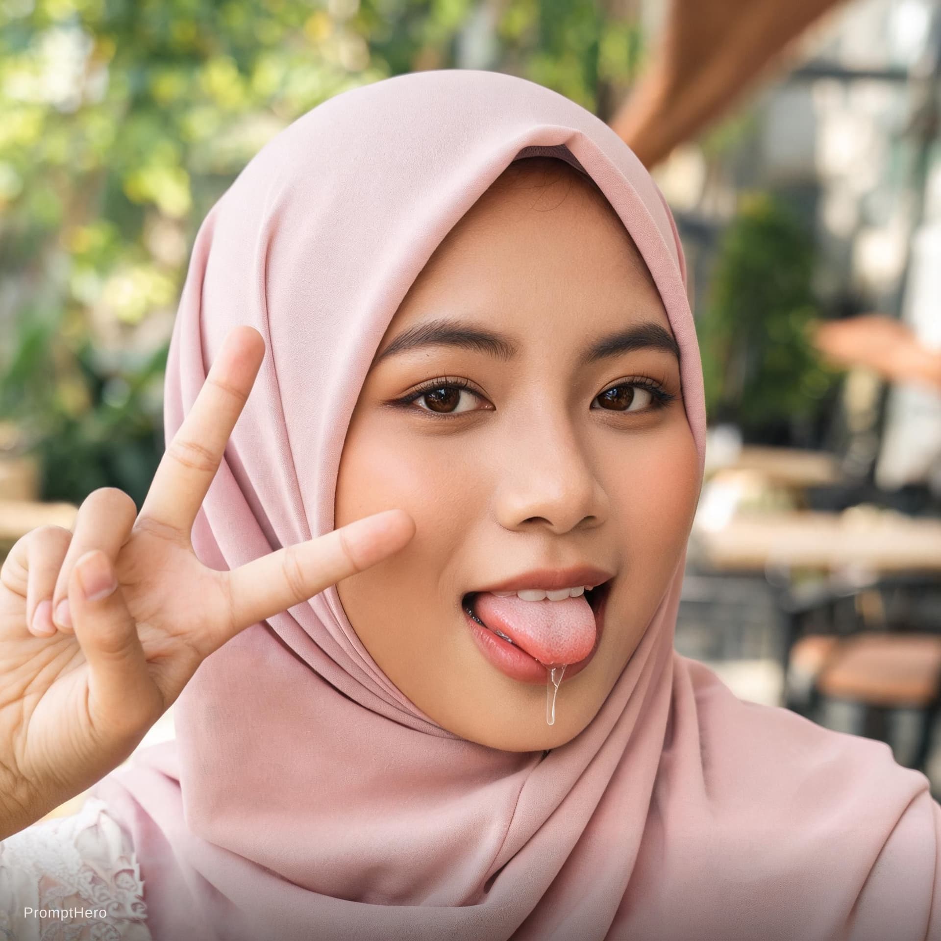 AI generated: A hijab malay beautiful girl drooling with tongue out and do peace sign 