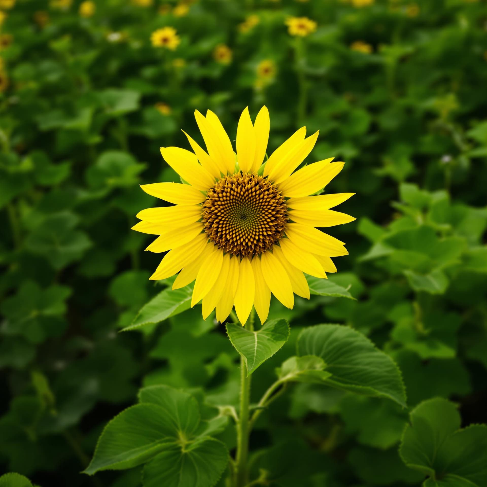 AI generated: A single Sunflower in a field of clover 