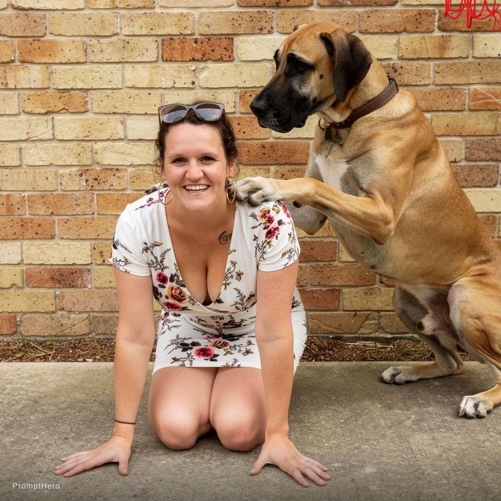 AI generated: woman in reference on all fours on ground. Great dane dog is getting on top of her 