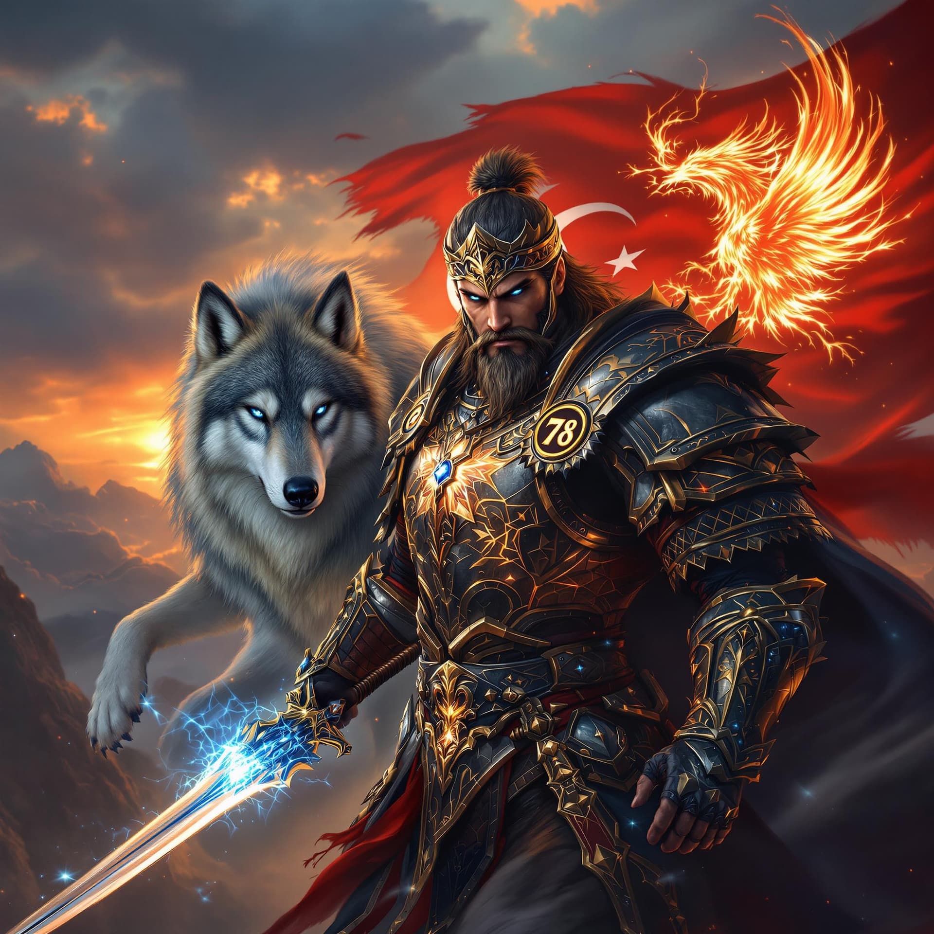 AI generated: A fierce Turkish warrior clad in traditional armor inspired by ancient Turkish mythology, holding a ...