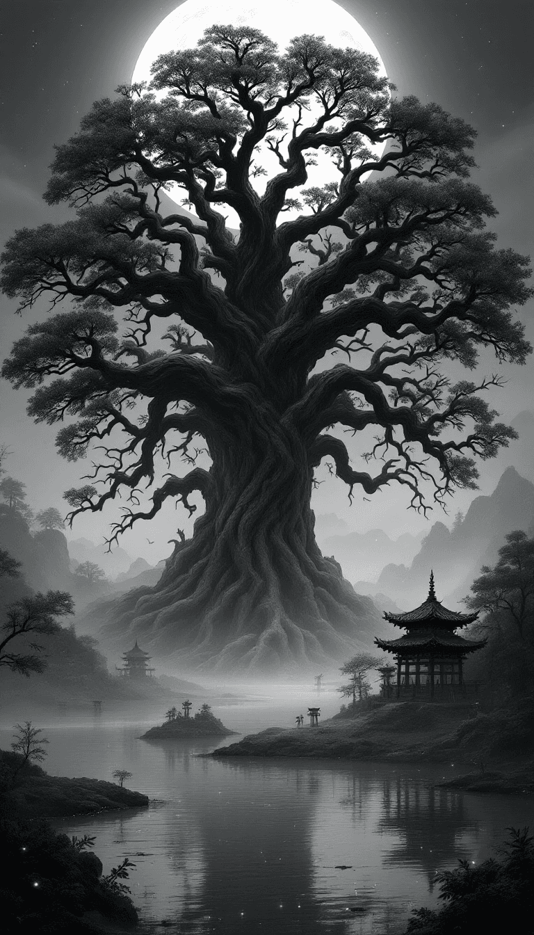 AI generated: Ultra-high resolution, Hyper-detailed monochromatic fantasy artwork, A massive ancient tree with int...