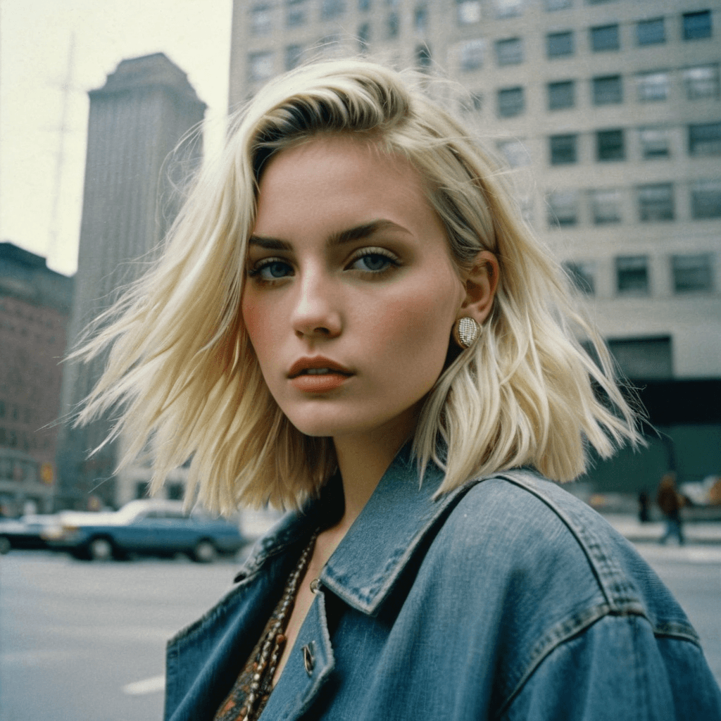 AI generated: Street style photo of a grunge style woman in the streets of 1990 Manhattan standing in front of a s...