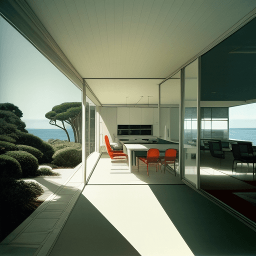 AI generated: Hyper realistic eye level exterior photo of a mid century modern style house overlooking the ocean, ...
