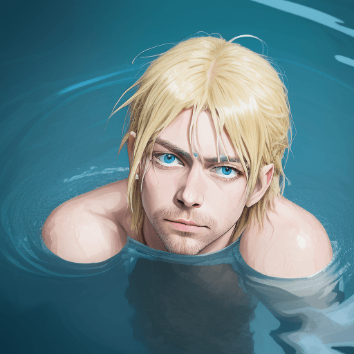 AI generated: a sticker of Kurt Cobain from one piece, blue eyes, blonde wet hair, anime style, minimalist design,...