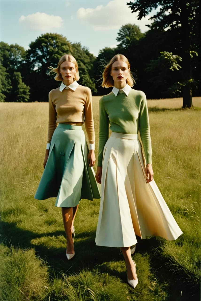 AI generated: In a serene, sunlit field bordered by lush green trees, two models stand gracefully, their hair gent...