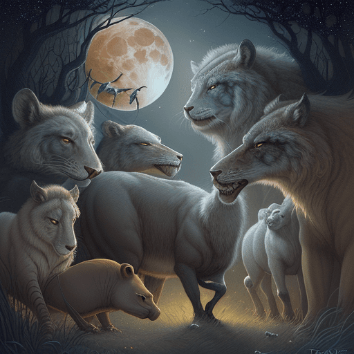 AI generated: a painting of a full moon surrounded by animals, a storybook illustration by Todd Lockwood, cgsociet...