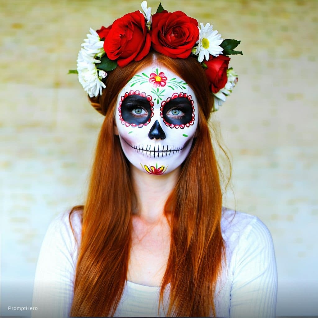 AI generated: Day of the dead mask on a gorgeous Red headed woman