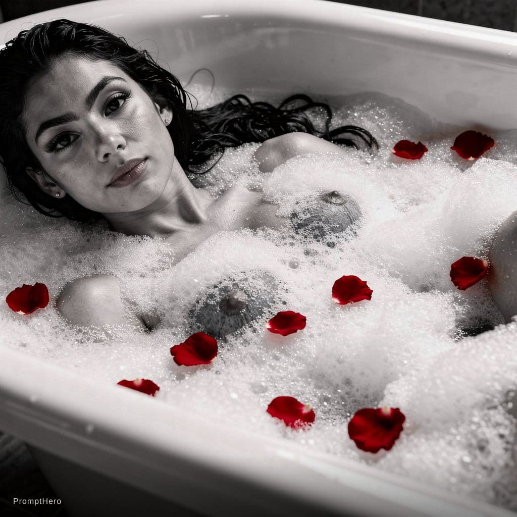 AI generated: A sensual, black and white photograph of a woman reclining in a luxurious bathtub filled with rich, ...
