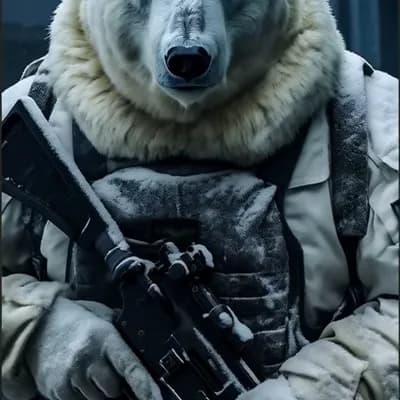 AI generated video: Courageous polar bear in full winter military uniform, holding a carbine rifle, anthropomorphic, sup...