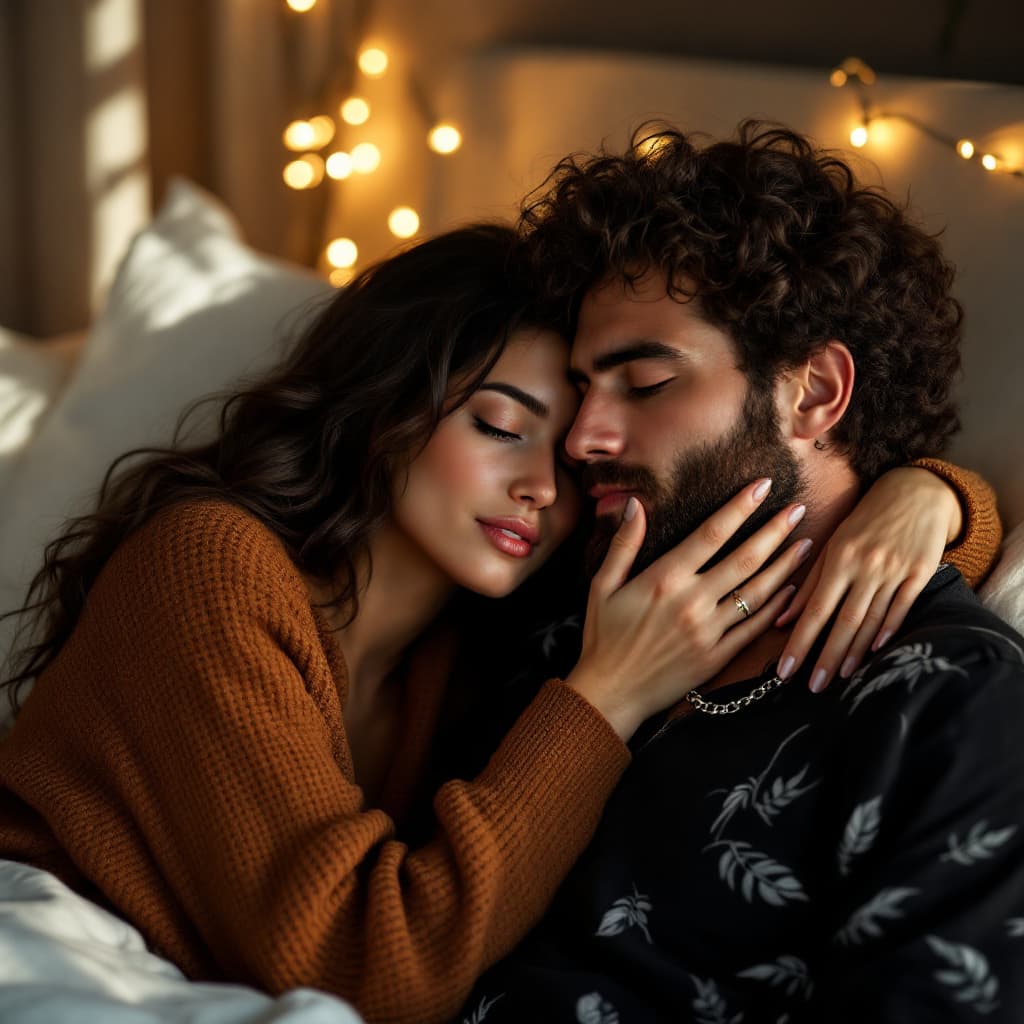 AI generated: A deeply intimate, comforting scene of a couple sitting together. The man has curly dark hair, a thi...