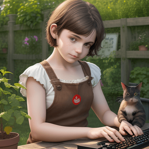 AI generated: a six-armed girl with short brown hair, in a vegetable garden, a computer keyboard in one hand, a ca...