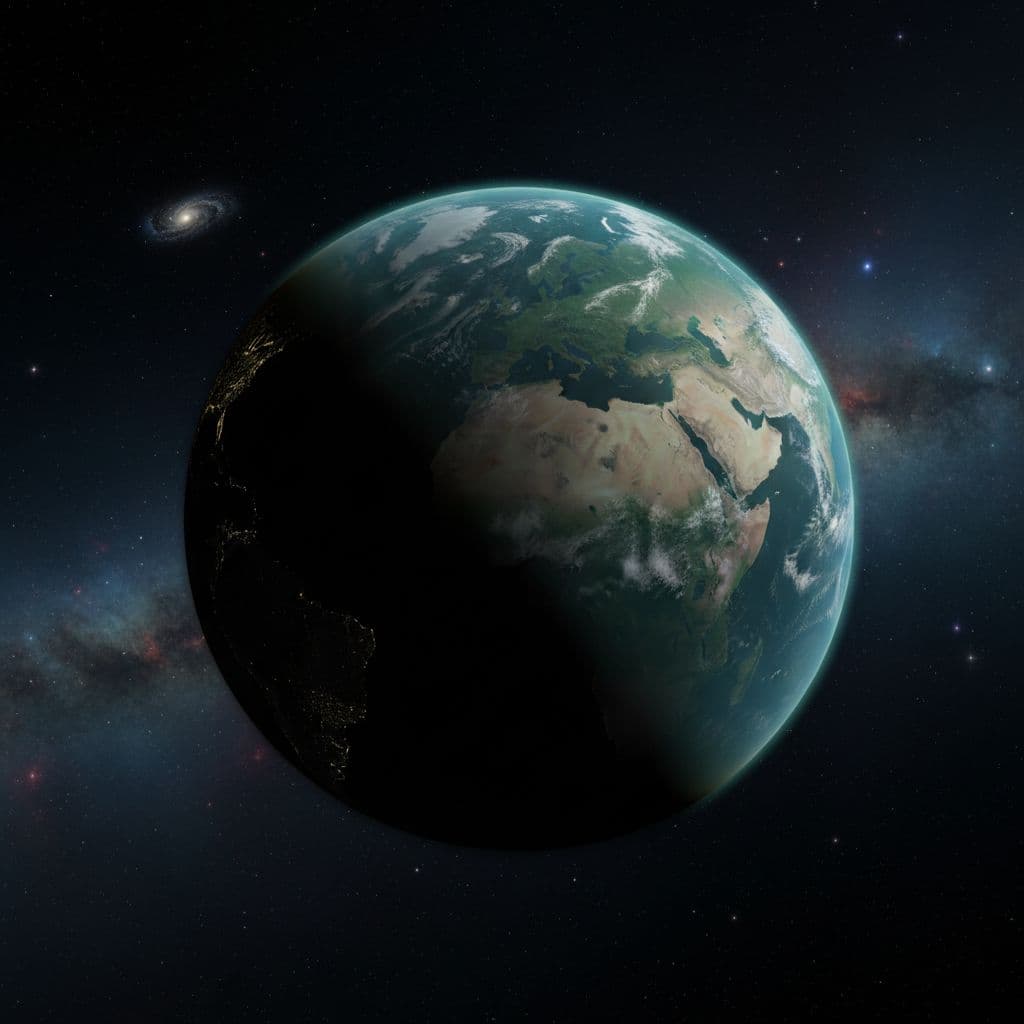 AI generated: a Forest Green Planet with large bodies of water but the waters black and it is floating in outer sp...