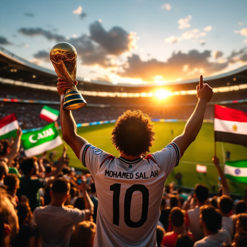 AI generated: Create image for Mohamed salah wearing Egyptian jersey number 10 holding the world cup trophy in the...