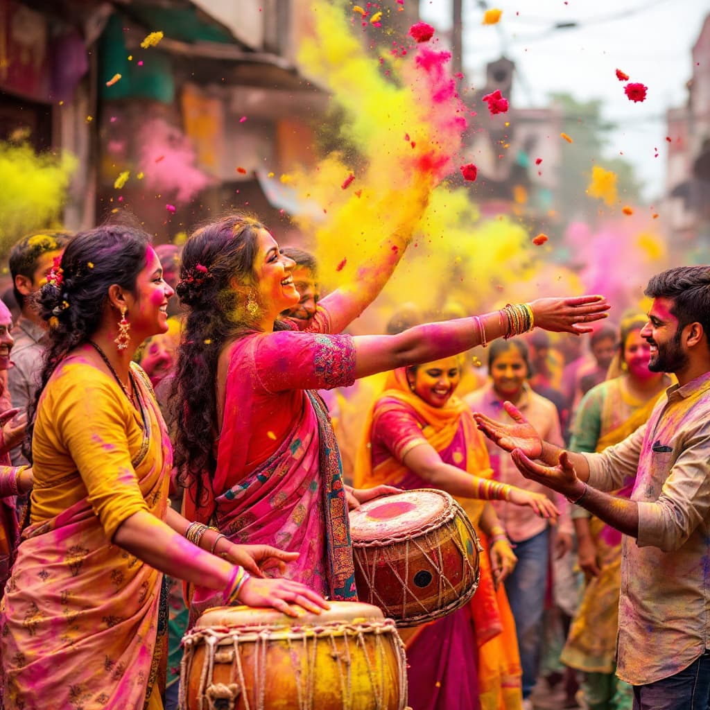AI generated: ➡️ A vibrant Indian street during Holi, people throwing colorful gulal in the air, traditional drums...
