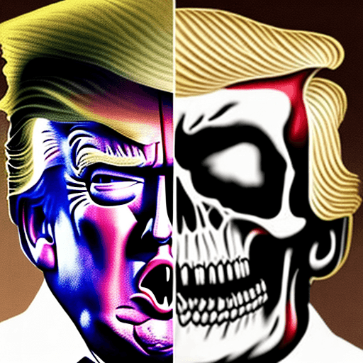 AI generated: image of donald trump with a vicious expression with his face stretched over the surface of a skull ...
