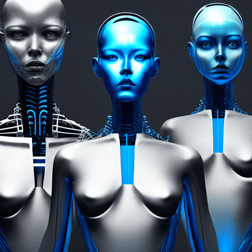 AI generated: half robot women, fine attention to anatomy, black, white, and florescent blue, relaxed, high dynami...