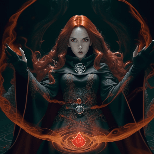 AI generated: A female warlock with long auburn hair wearing a black cowl and ornate robes of red and black, Casti...