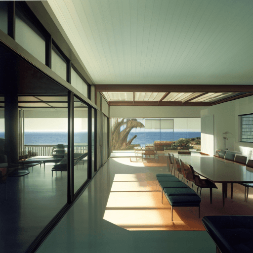 AI generated: Hyper realistic eye level exterior photo of a mid century modern style house overlooking the ocean, ...