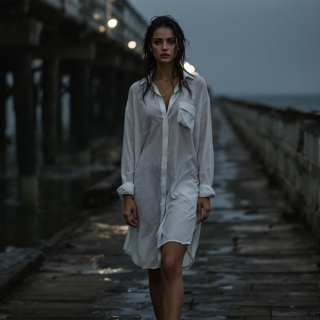 AI generated: a woman standing on a dimly lit pier barefoot with sandy toes, wearing a white oversized button-down...