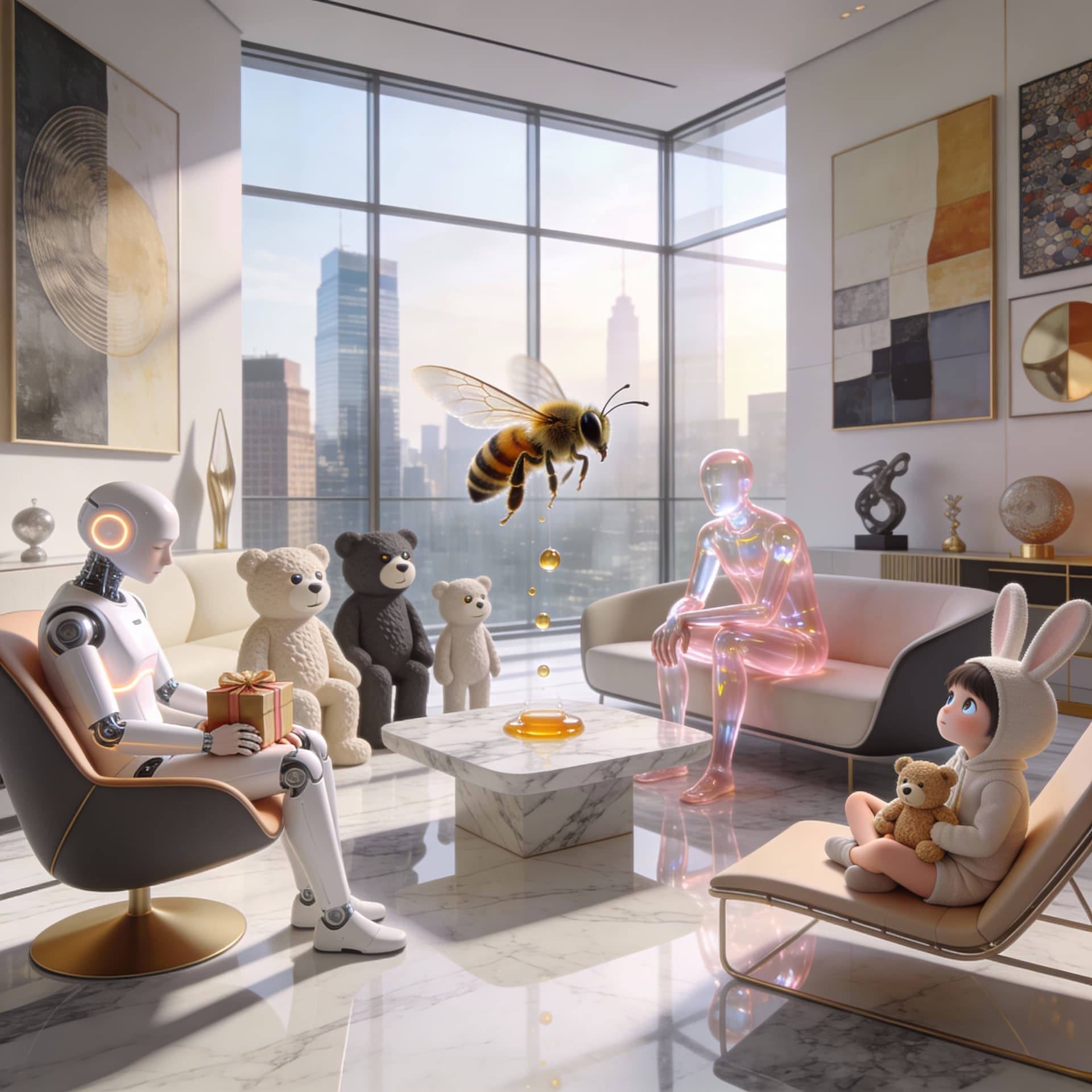 AI generated: Create a hyper-realistic, cinematic scene set inside an ultra-luxury modern loft living room during ...