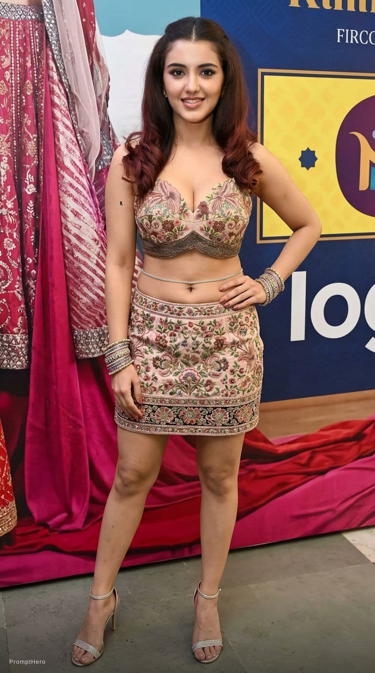 AI generated: wearing blouse choli with mini skirt. naval is visible low waist skirt. wearing bangles in hands and...