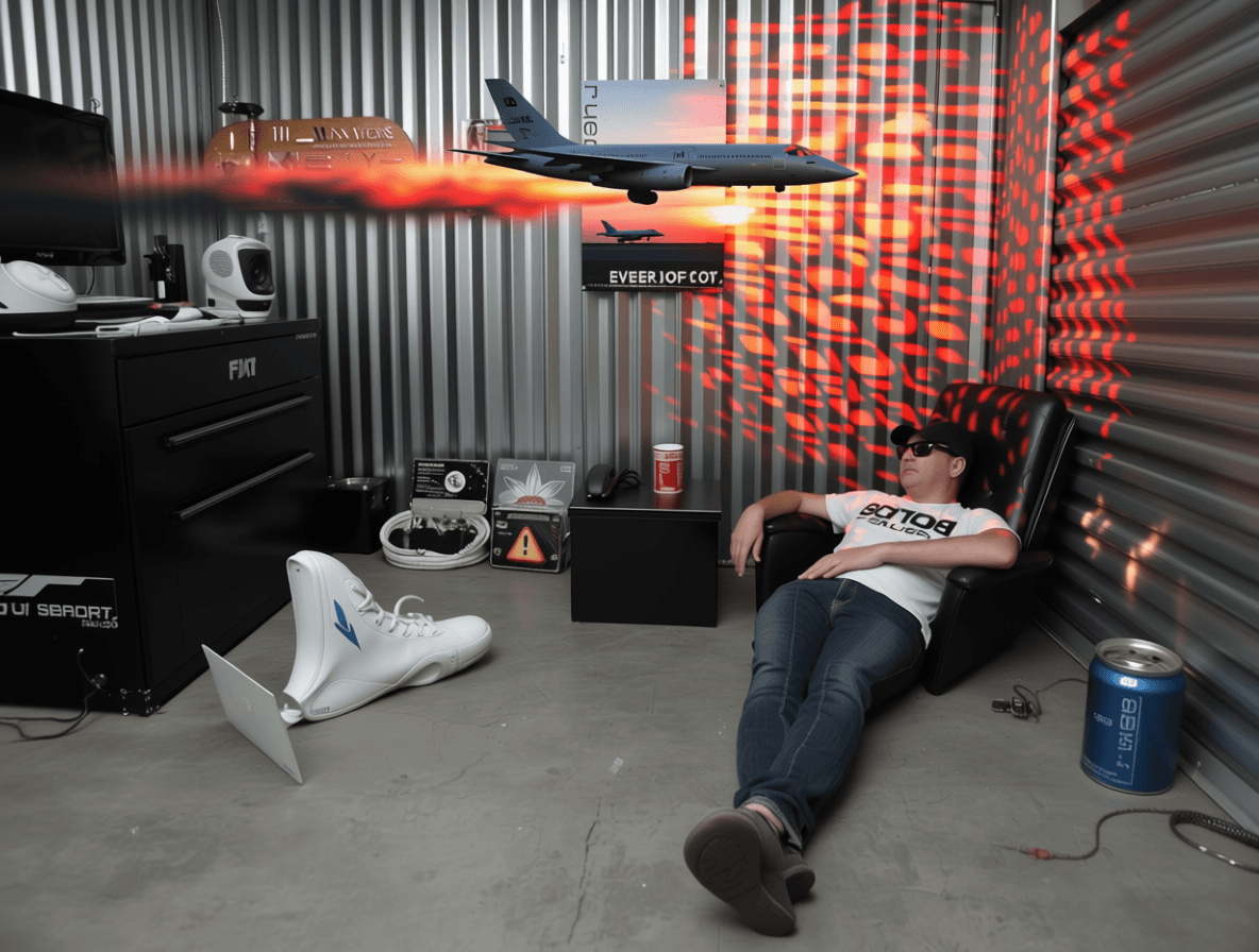 AI generated: CrazyCyberjockey and Stringer are chilling out in their home, a spacious 20-by-30 in a U-Stor-It in ...