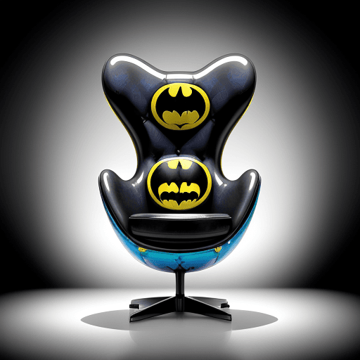 AI generated: product photography, a colorful egg chair with motif Batman pattern on it, in the style of esteban v...